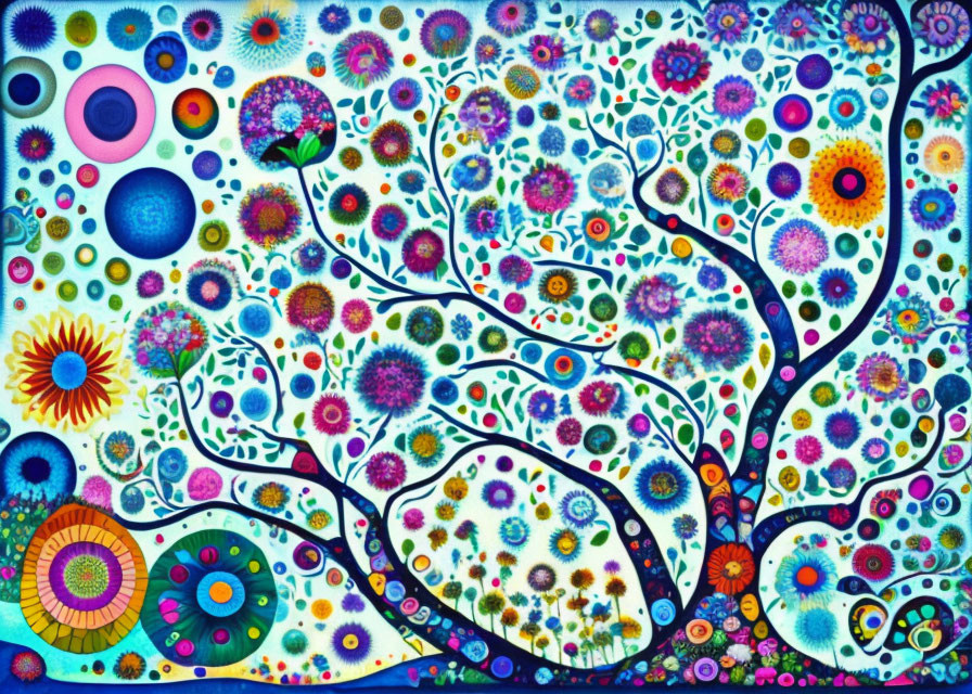 Colorful Abstract Image with Floral, Circular, and Tree-like Patterns