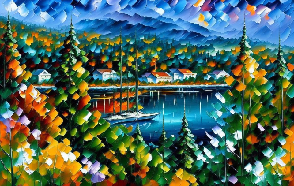 Vibrant Lakeside Scene Puzzle with Sailboats and Houses