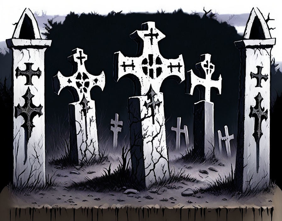 Graveyard illustration with cross tombstones and pillars under dark sky