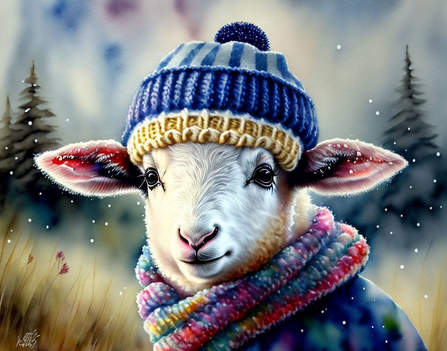 Adorable lamb in striped knit hat and scarf in snowy forest