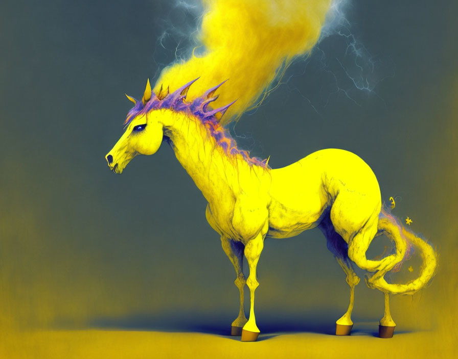 Yellow horse with fiery orange mane and tail on muted background