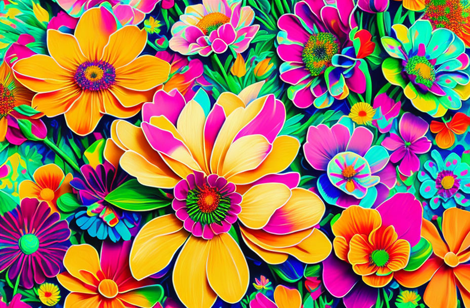 Colorful Stylized Flowers Digital Art with Intricate Patterns