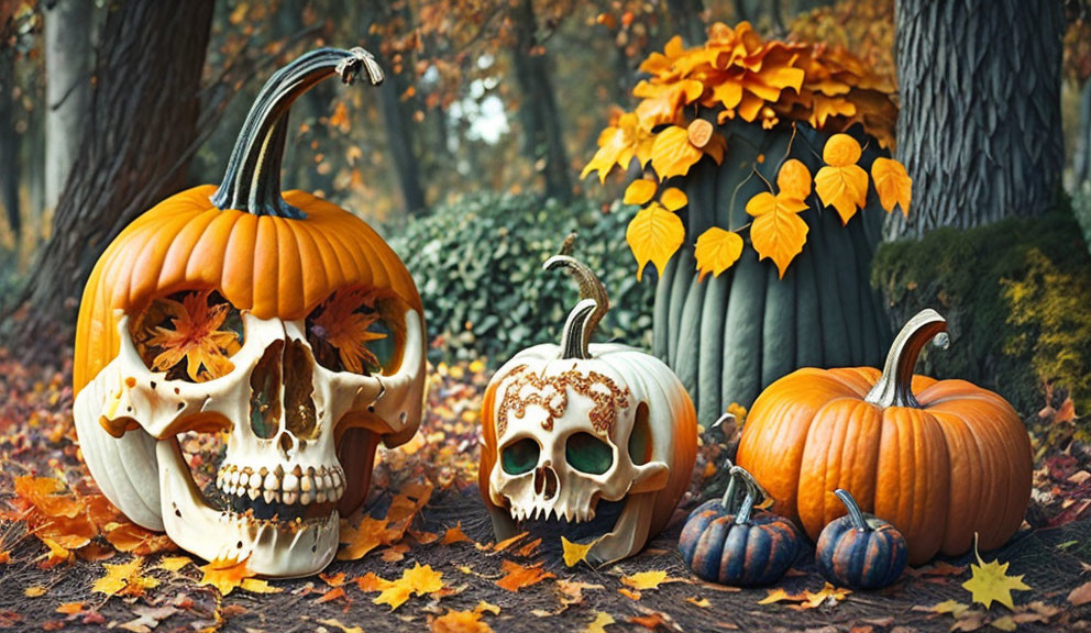 Carved pumpkins, skull, autumn leaves near tree - Halloween vibe.