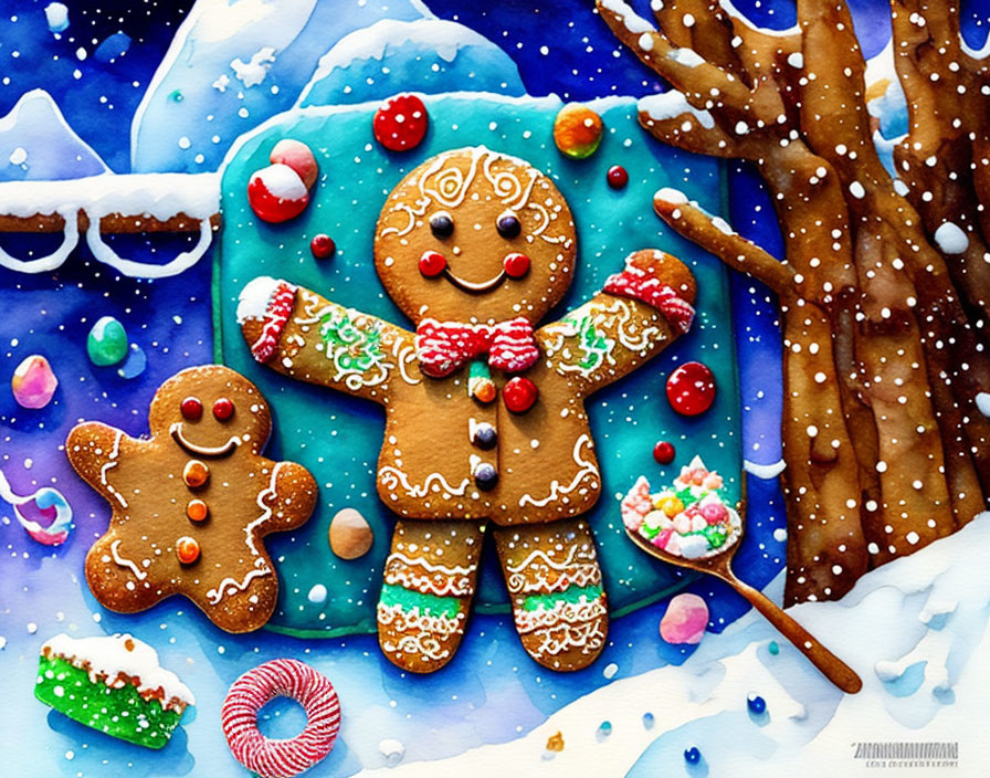 Colorful Watercolor Painting of Gingerbread Cookies on Snowy Background