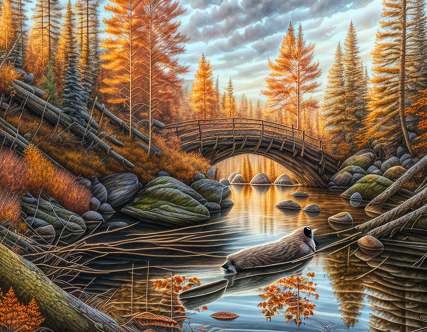 Tranquil river with wooden bridge in autumn landscape