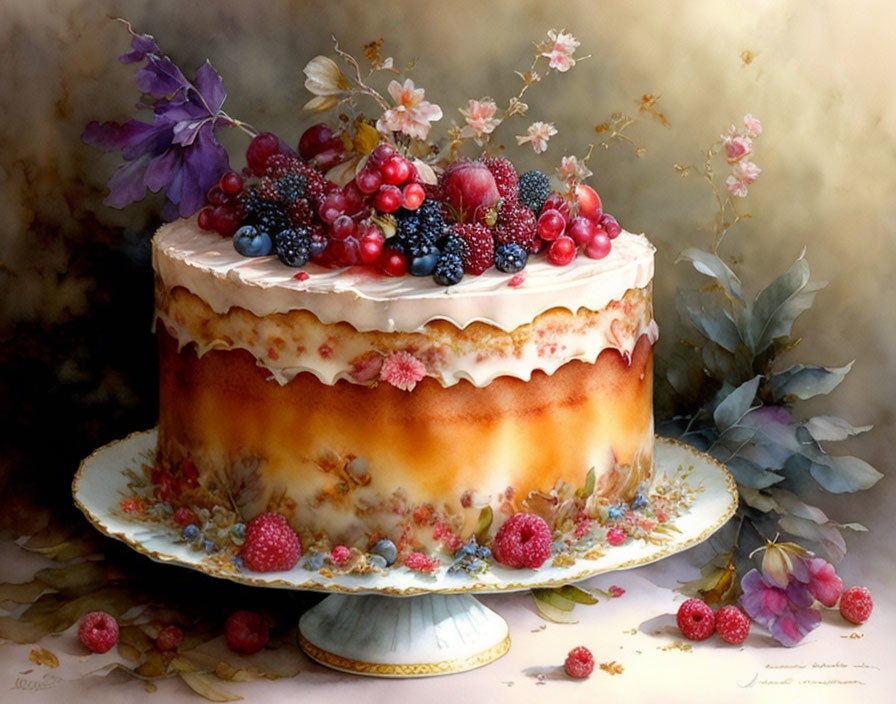 Elegant ombre frosting cake with berries and flowers on plate