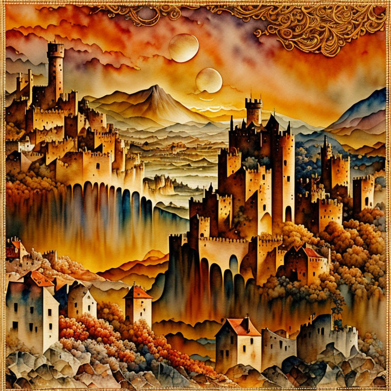 Majestic castle on cliffs in fantastical landscape with multiple moons