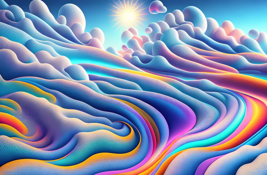 Colorful digital artwork: Wavy landscape in blue and violet with rainbow accents