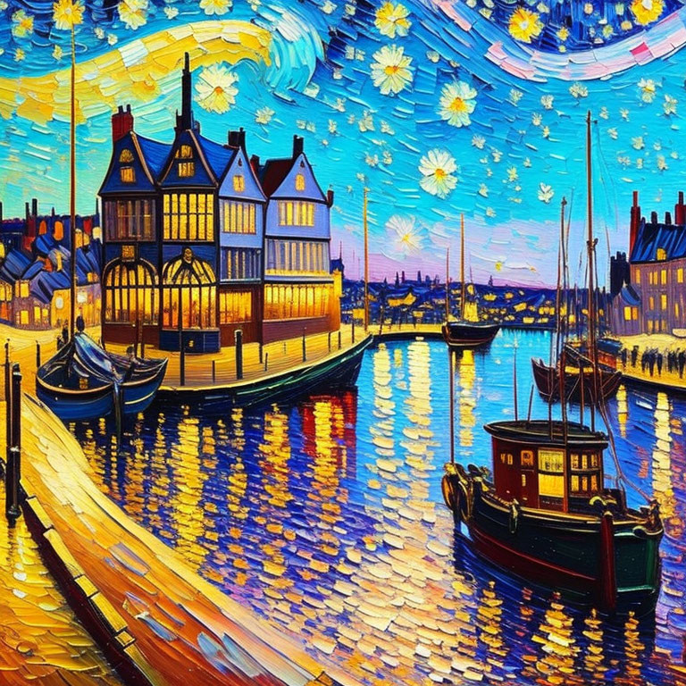 Starry night painting: harbor, boats, house, water reflections