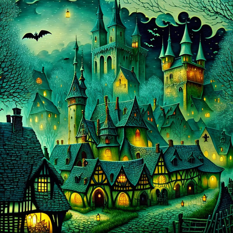 Medieval village with illuminated houses and castle under starry night sky