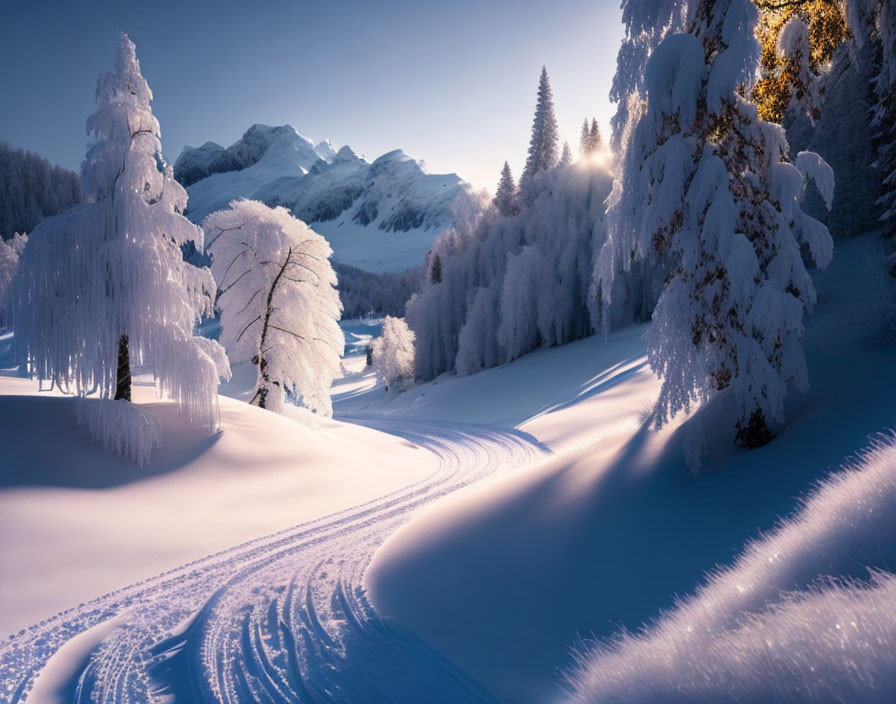 Winter scene: snowy landscape, sun through frosted trees, ski tracks in serene setting