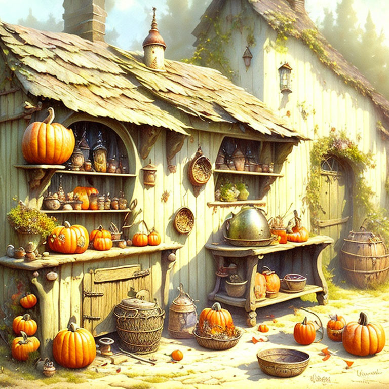 Quaint Cottage with Pumpkins and Pottery in Warm Autumn Setting