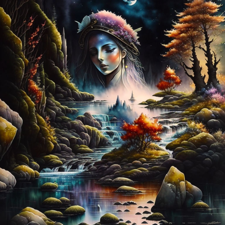 Fantasy art: Woman's face merges with serene nighttime landscape