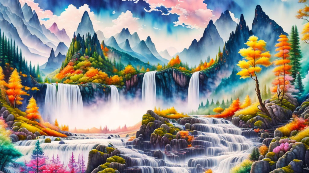 Scenic landscape with waterfalls, river, autumn trees, mountains