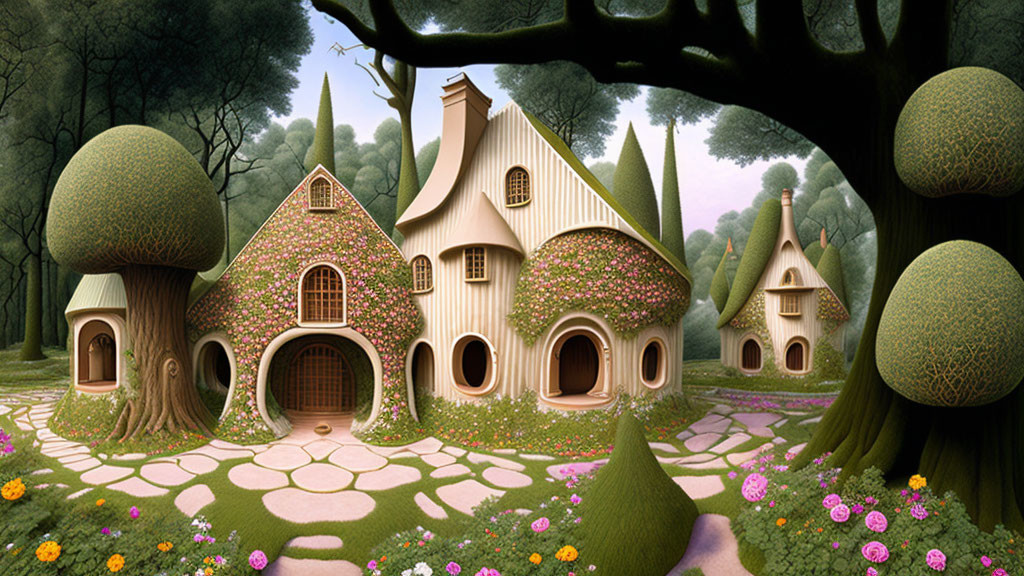 Fantasy village illustration with tree-like houses in lush forest