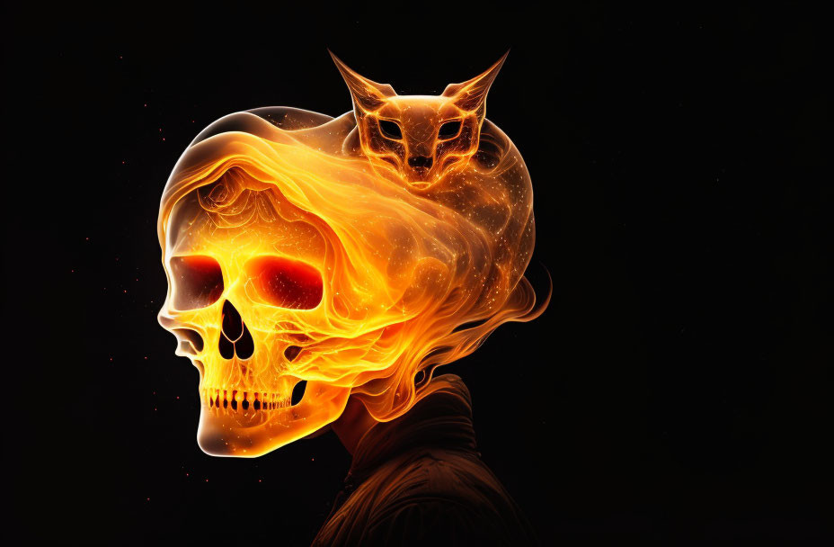 Digital Artwork: Skull with Fiery Owl on Dark Background