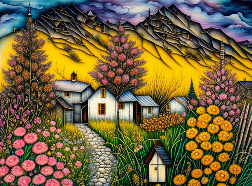 Colorful Village Scene with Flowers, Cottages, Trees, and Mountains at Sunset