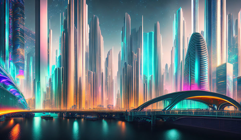 Neon-lit skyscrapers and curved bridge in futuristic cityscape.