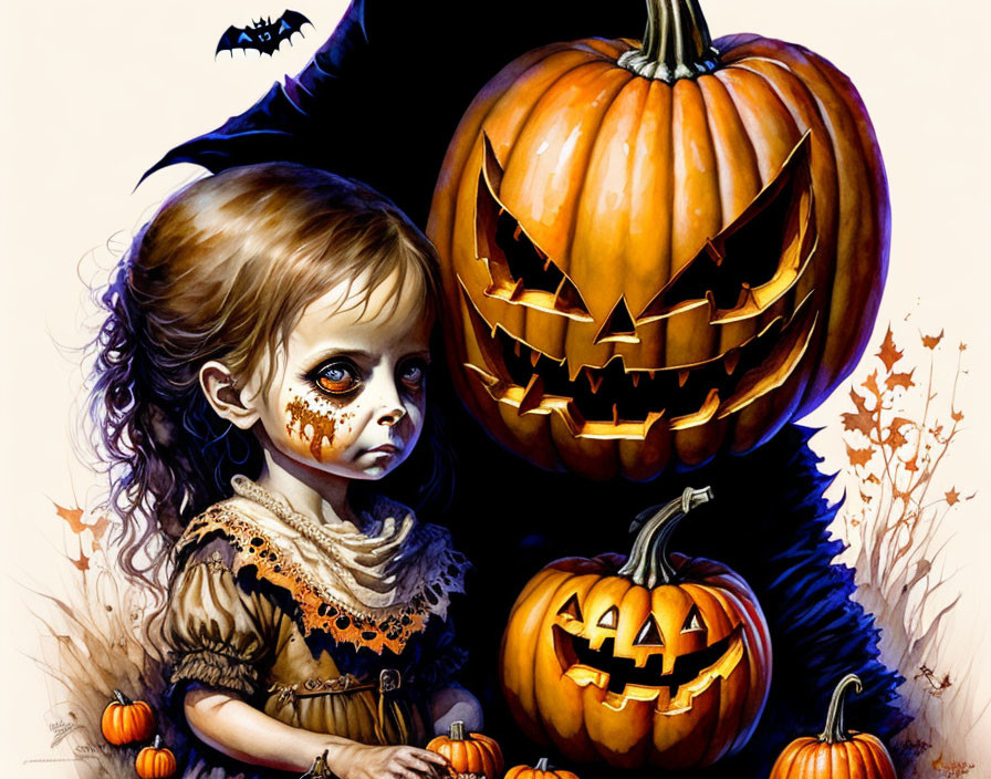 Illustration of young girl with face paint near carved pumpkins and bat among autumn leaves