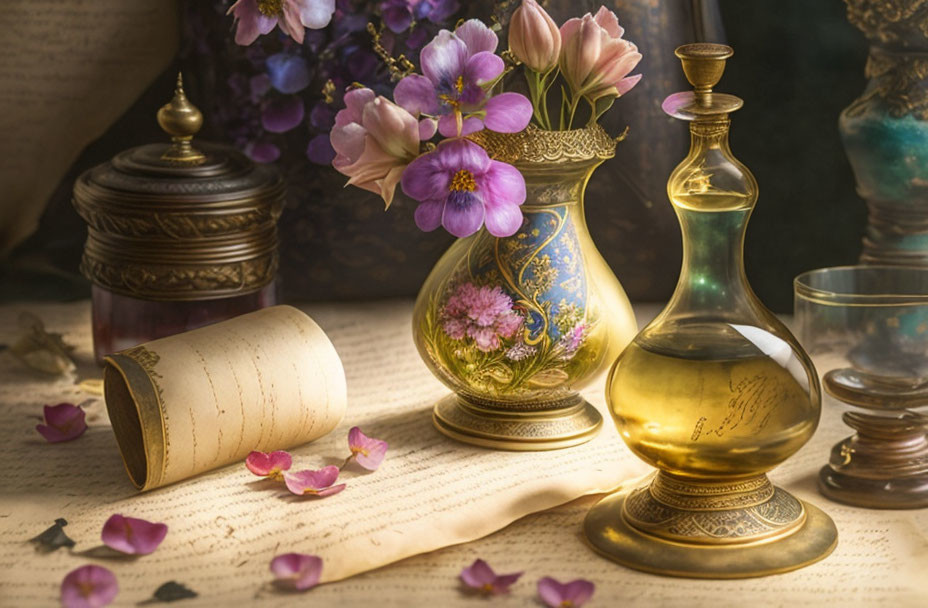 Golden vase, pink flowers, perfume bottle, scrolls on table with rose petals