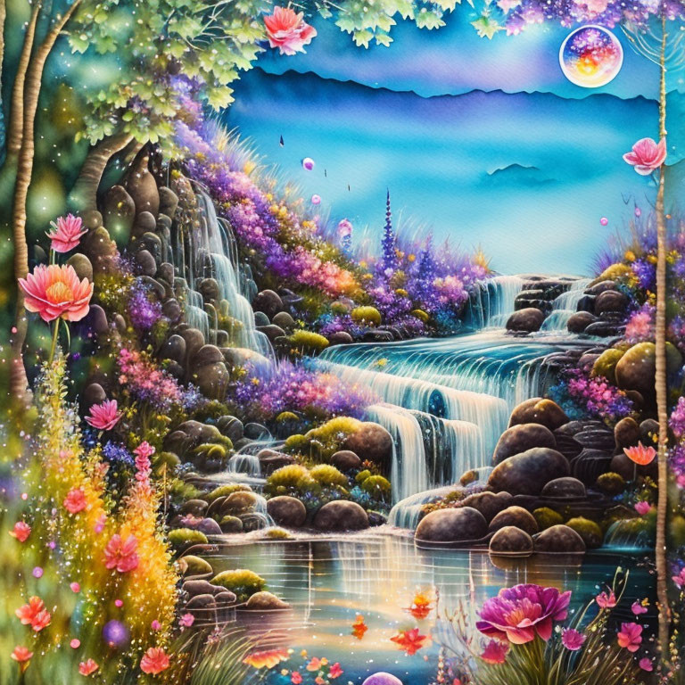 Scenic painting: waterfall, flowers, rocks, pond, starry sky, full moon