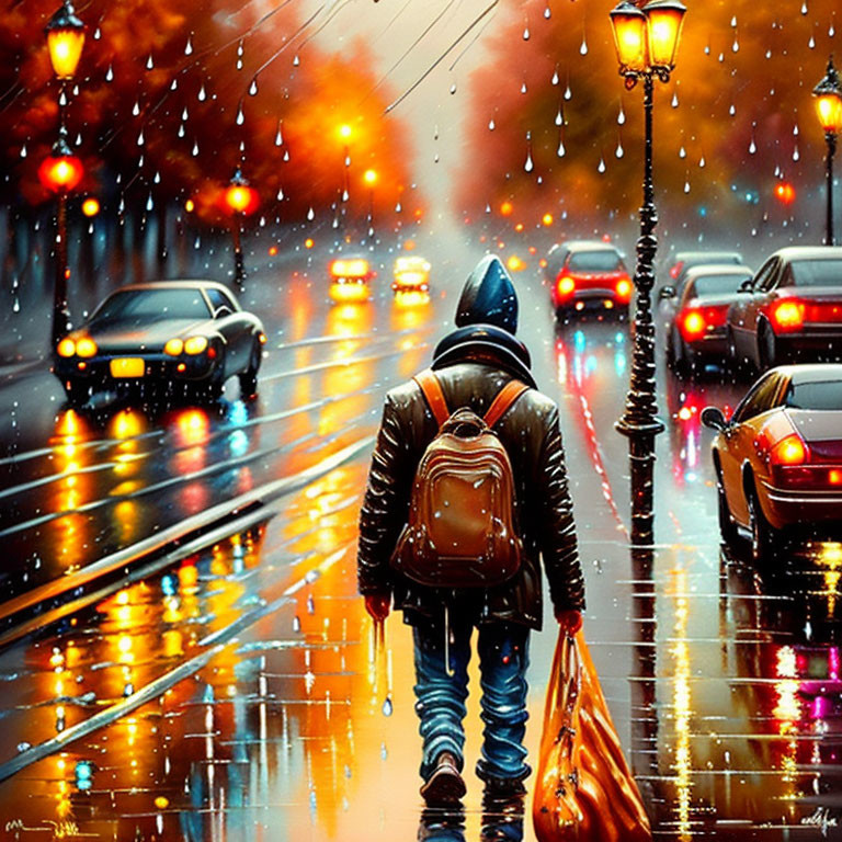 Lonely figure with backpack and umbrella on rainy city street flanked by cars and lampposts