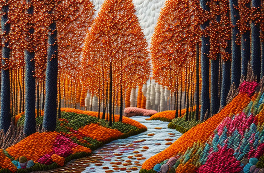 Colorful Autumn Forest Embroidery with River & Foliage