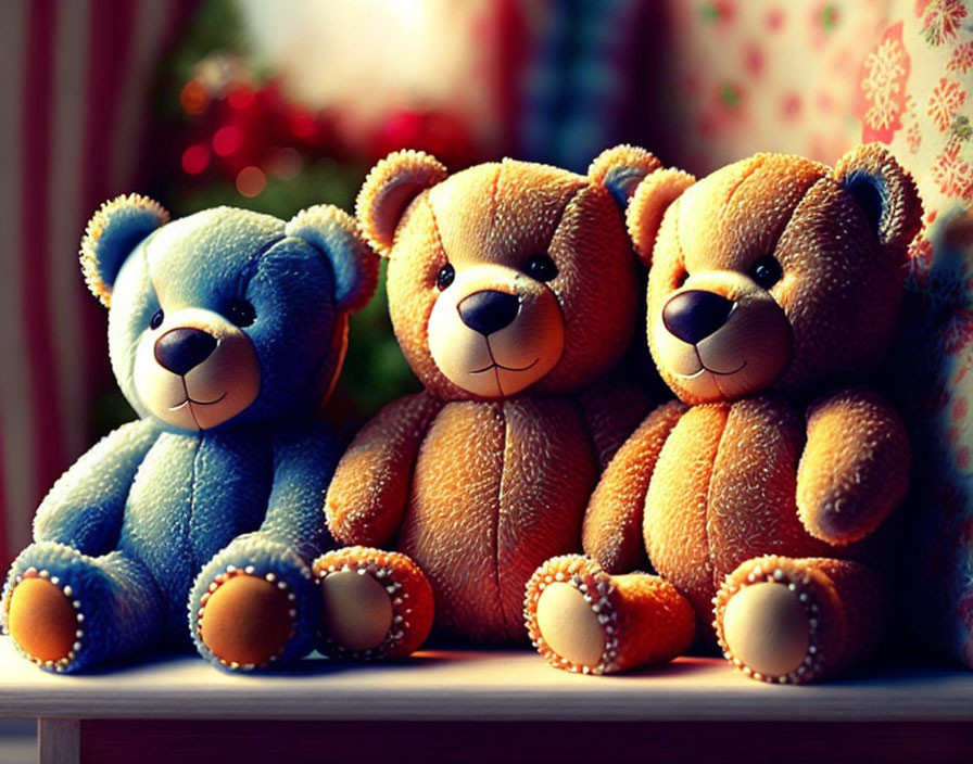 Three Teddy Bears in Blue and Brown Under Warm Lighting