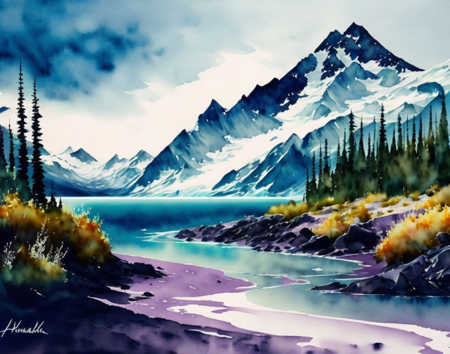 Serene mountain landscape watercolor painting with blue lake and pine trees