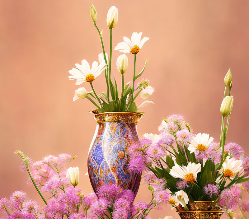 White Daisies and Pink Blossoms in Blue and Gold Vase on Peach Background