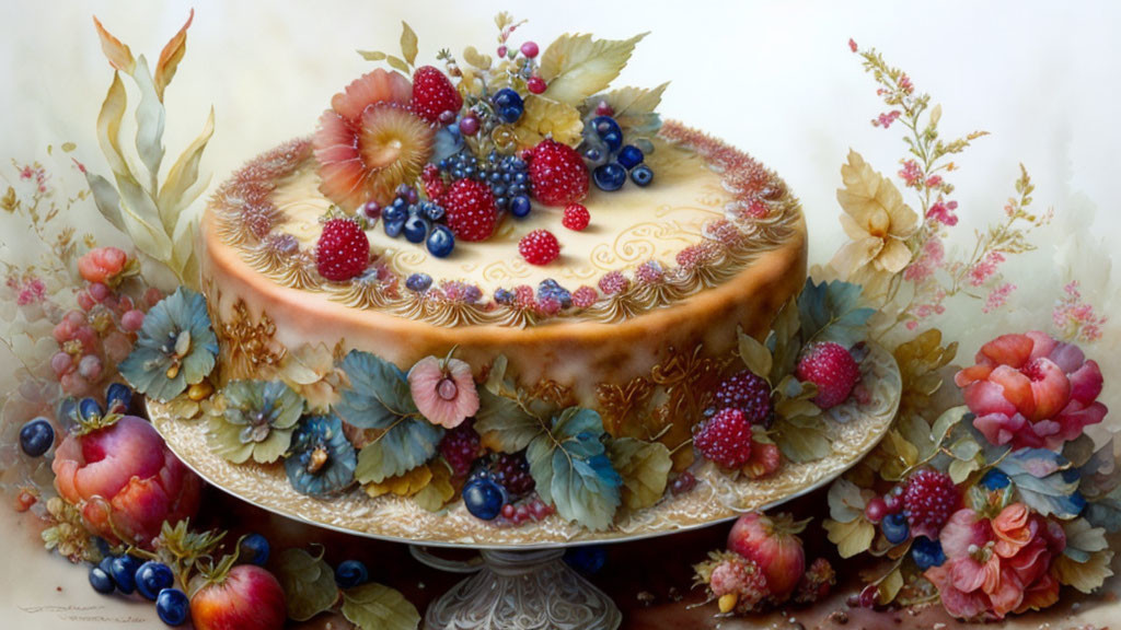 Autumn-themed cake with berries, flowers, and leaf patterns