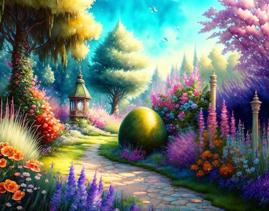 Colorful Fantasy Garden with Cobblestone Path & Whimsical Trees