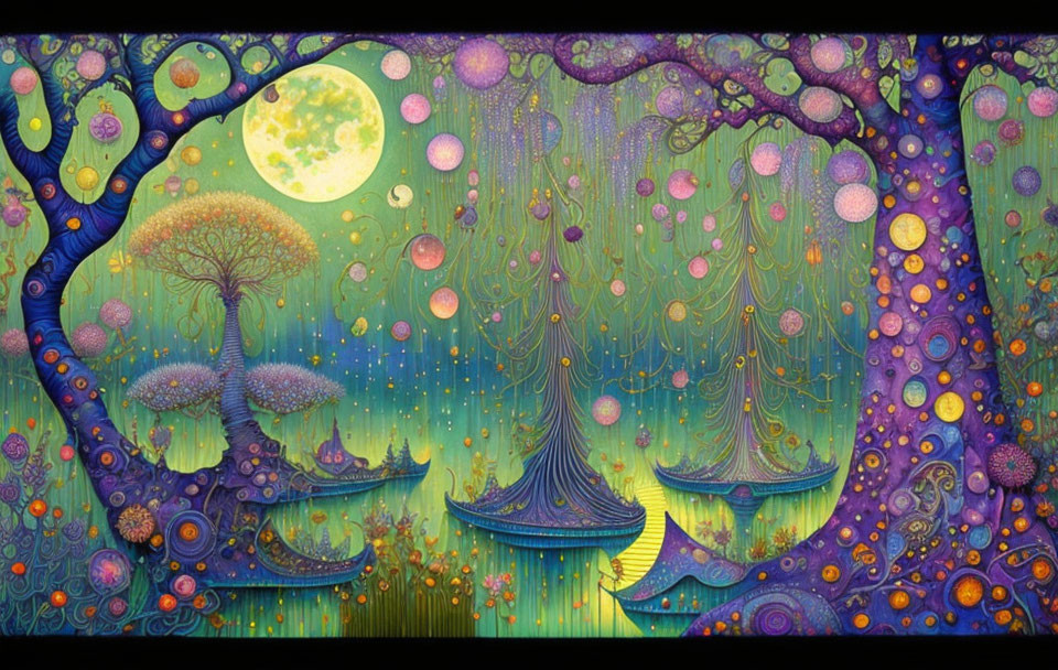 Fantastical Landscape with Whimsical Trees and Floating Orbs