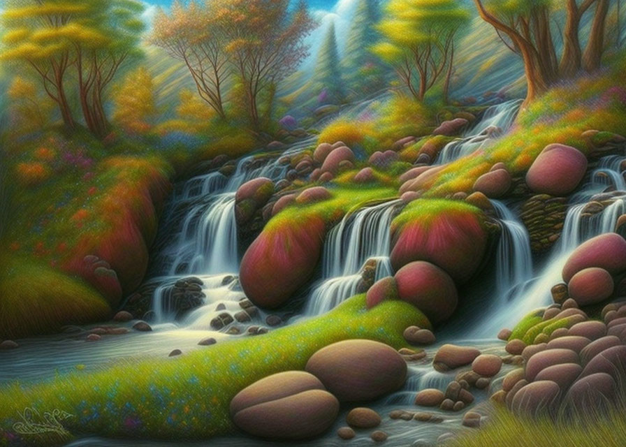 Tranquil forest creek painting with autumn trees