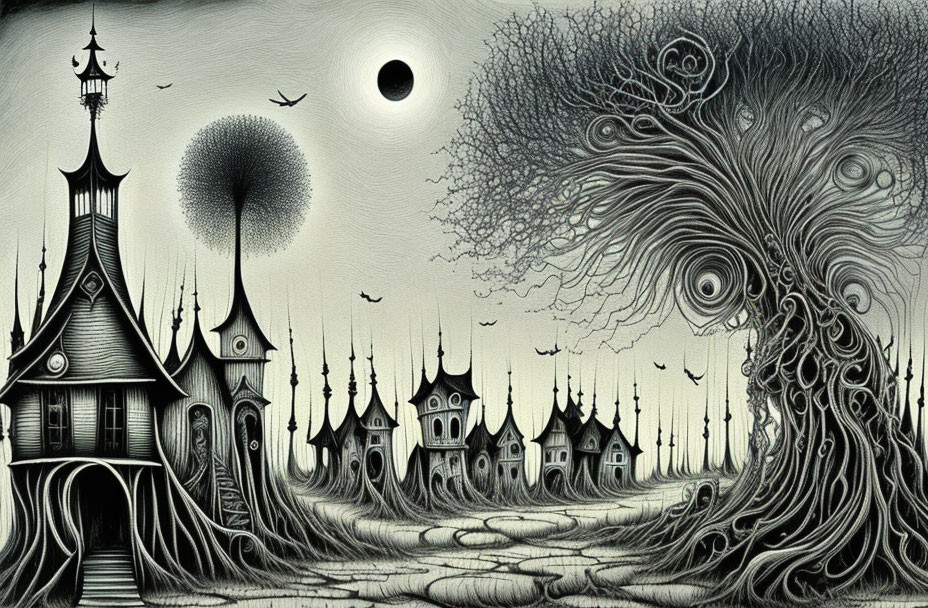 Monochrome gothic landscape with whimsical architecture and eclipse.