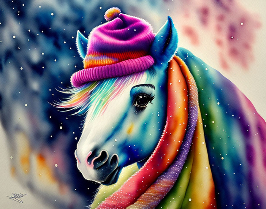 Whimsical unicorn painting with rainbow mane and striped hat