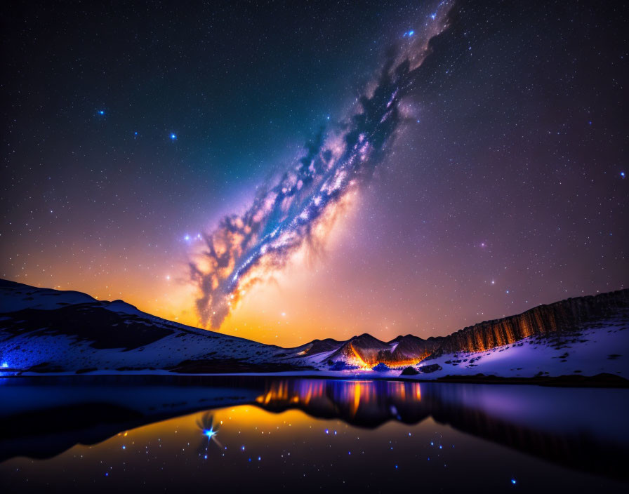 Mountain lake under starry night sky with Milky Way, snow-covered peaks.