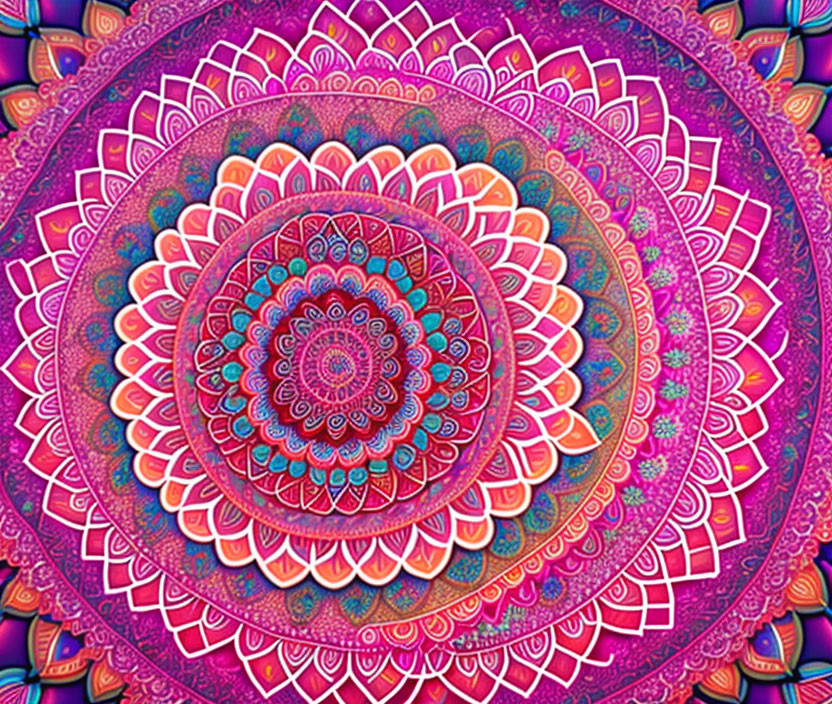 Colorful symmetrical mandala with vibrant pink, blue, and purple hues