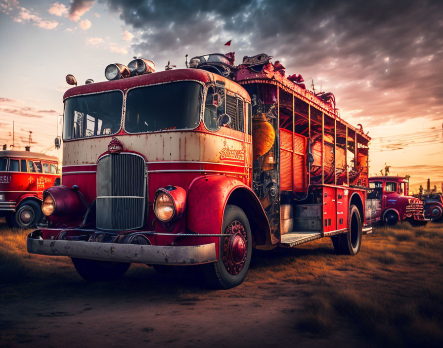 Classic Red and White Fire Truck in Field at Sunset