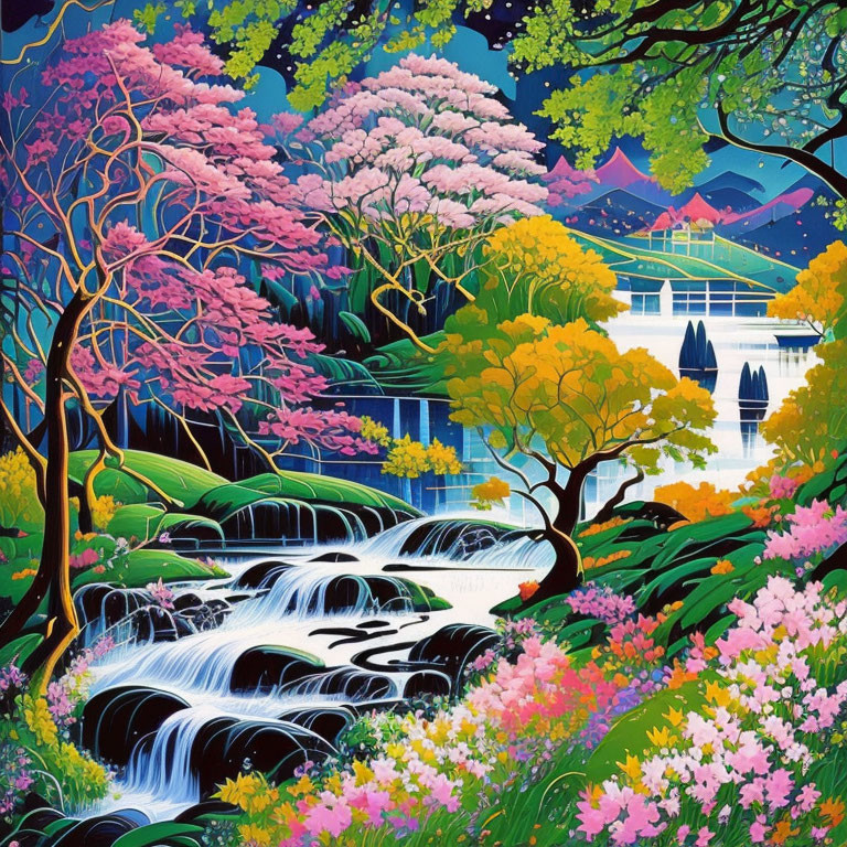 Colorful illustration of waterfalls, trees, flowers, and buildings in mountain scenery