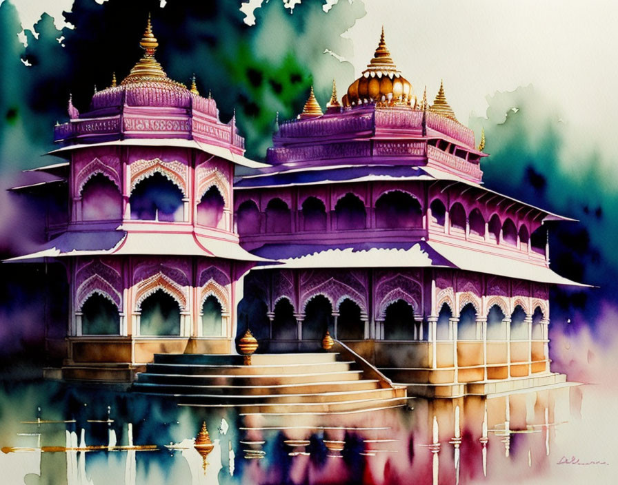 Vibrant watercolor of traditional Indian palace with intricate designs