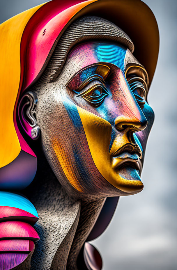 Colorful human face statue with exaggerated features in vibrant hues.