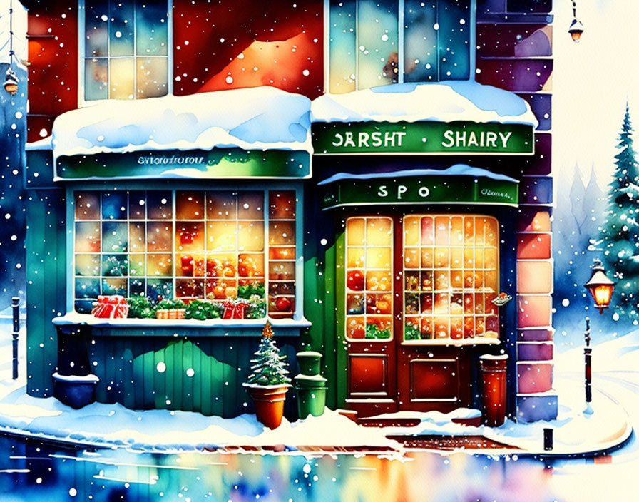 Snowy corner store with Christmas decorations at night