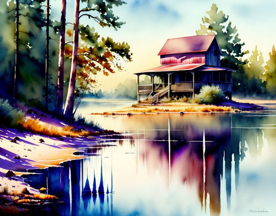 Serene lakeside cabin surrounded by trees in watercolor