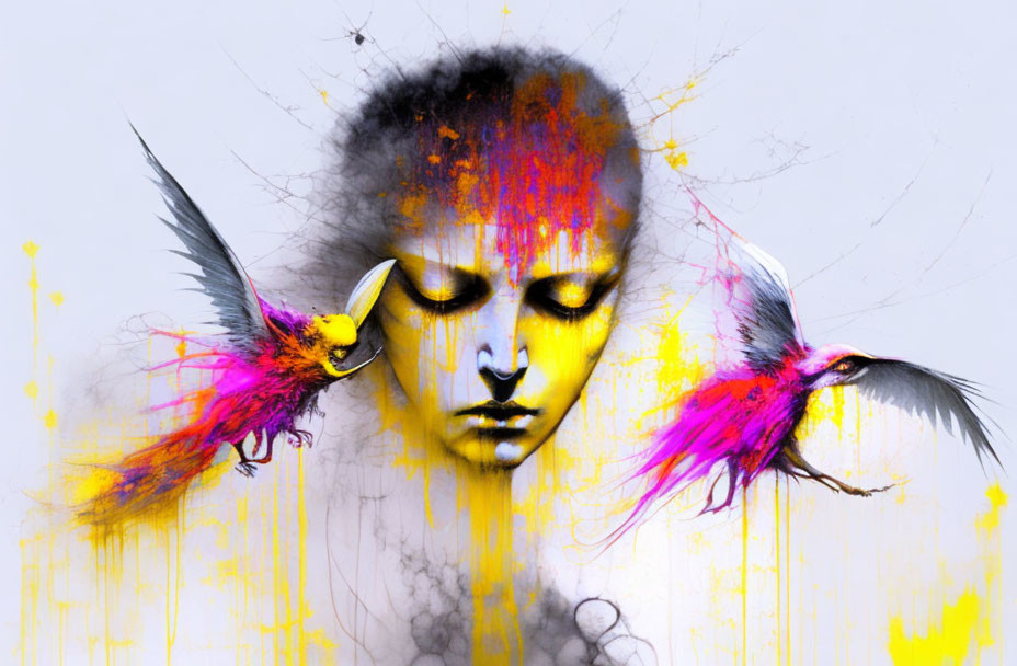 Surreal grayscale face with colorful splashes and birds