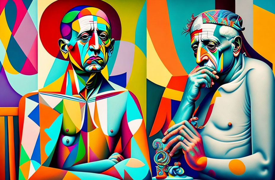 Colorful Cubist-style Digital Painting of Two Seated Male Figures