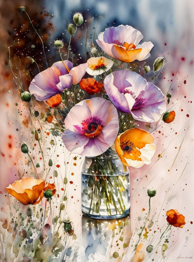 Colorful Watercolor Painting of Delicate Poppies in Transparent Vase