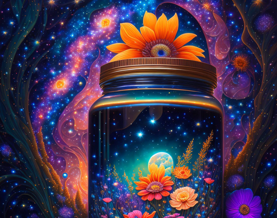 Colorful cosmic artwork: glass jar with celestial scene, stars, moon, flowers