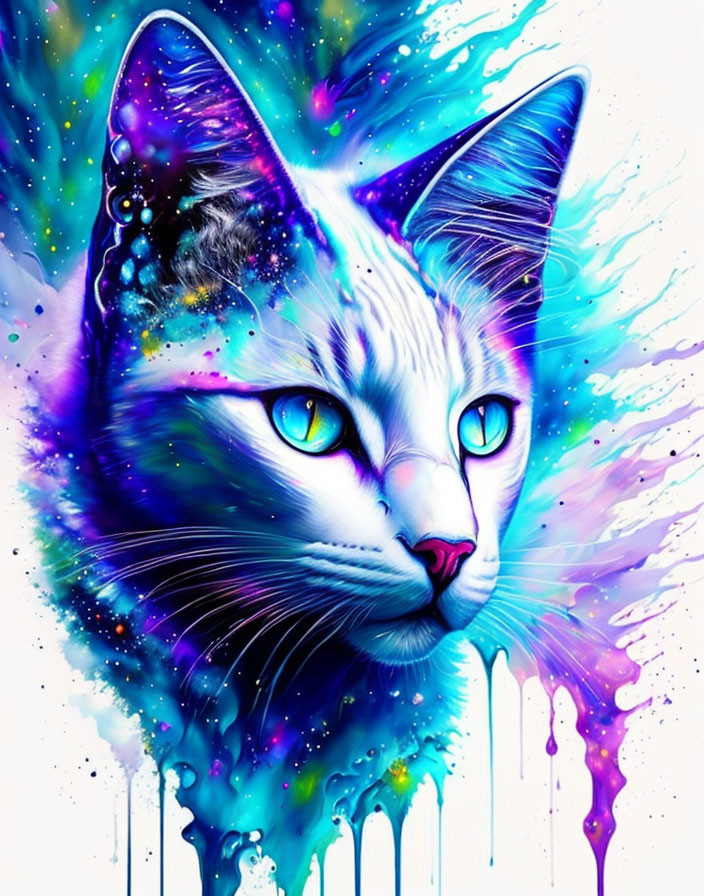 Colorful Cat Head Digital Art with Cosmic Space Theme