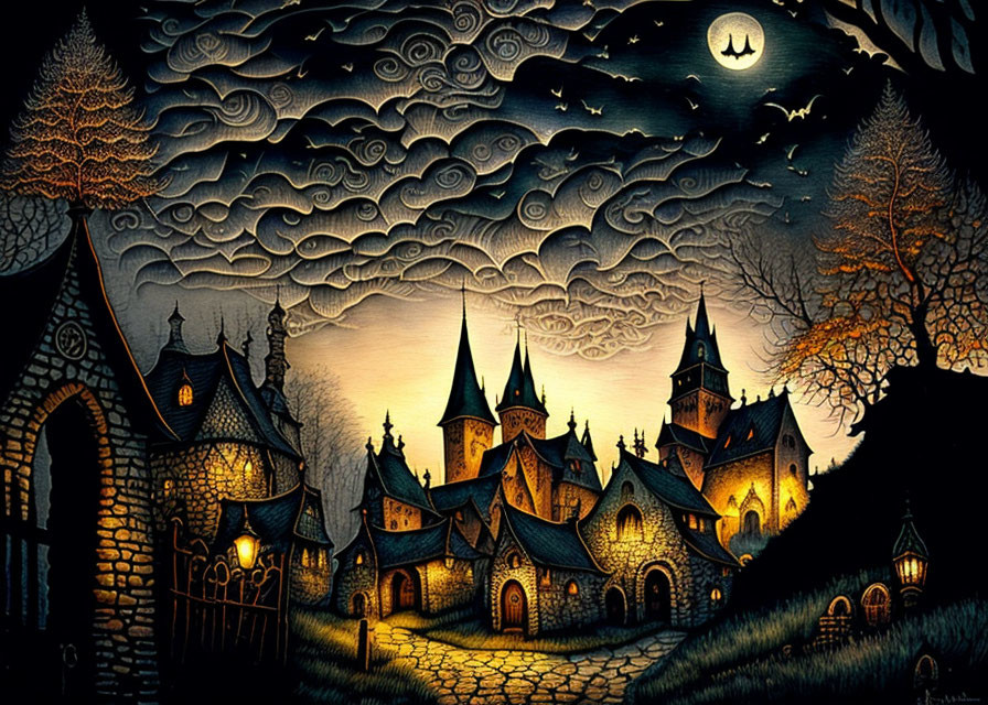 Whimsical night scene with medieval buildings and crescent moon